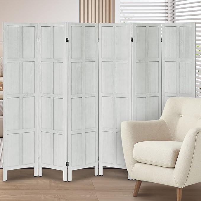 Leesinwing Wood Room Divider 6 Panel Folding Privacy Screen, Classic 5.6Ft Indoor Wooden Partition, Portable Partition Wall Divider for Room Separation, Home, Office, Bedroom, Restaurant (White)