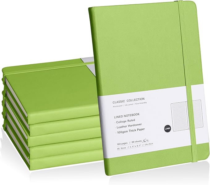 EMOMAS Lined Journal Notebook, 6Pack Hardcover Notebook for Men & Women – Journals for Writing, Work, School, Home & Daily Notes, 160 Pages – Medium A5, 5.7"x8", 100 gsm Thick Paper (Grass Green)