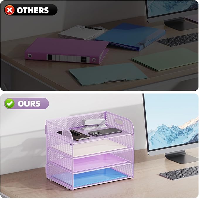 Marbrasse 2 Pack 4 Tier Paper Organizer Letter Tray - Mesh Desk File Organizer with Handle, Paper Sorter Organizer for Letter/A4 Office File Folder Holder (Purple, 12.6" x 9.1" x 10.7")
