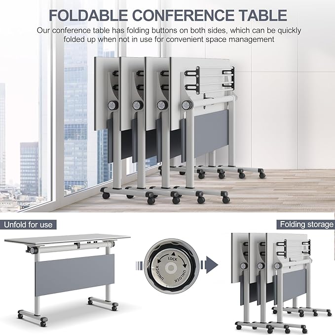Conference Table,Folding Office Conference Room Tables On Wheels,Flip Top Mobile Folding Conference Table with White Tabletop Conference (4Pack160*60 * 75cm)