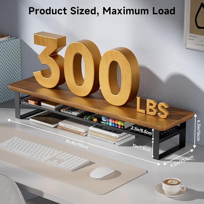 NestNeat Dual Monitor Stand, 35.4 Inch Monitor Stand Riser for 2 Monitors, 2 Tiers Wood Desk Shelf with Storage, Desktop Organizer Stand for Computer, Laptop, Printer, TV (Walnut, 35.4in)