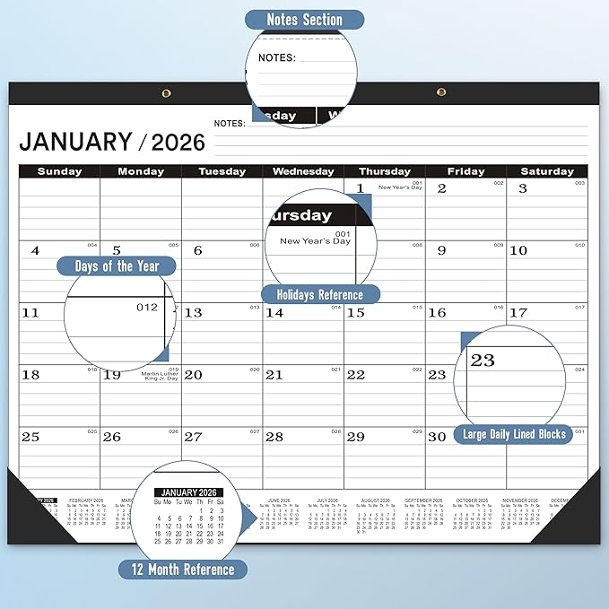 Desk Calendar 2026 Large 22x17,January 2026 to June 2027,Desk calendar 2026, Calendar 2026 with PVC Cover,Round Holes& NOTES List (Black),18 Months -3 PACK 2026 Desk Calender.