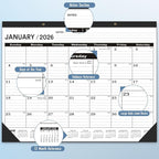Desk Calendar 2026 Large 22x17,January 2026 to June 2027,Desk calendar 2026, Calendar 2026 with PVC Cover,Round Holes& NOTES List (Black),18 Months -3 PACK 2026 Desk Calender.