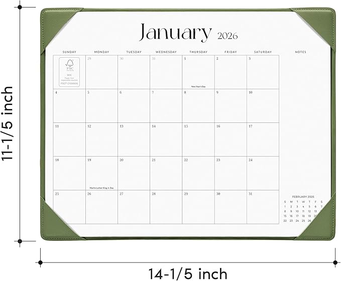 Cabbrix Desk Calendar 2026 with Desktop Mat, Simplified Medium Desk Pad Calendar 15" x 12" January 2026 to June 2027, Desk Blotter Calendar for Home School and Office (Green)