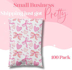 Pretty Package Store 14.5x19 Designer Poly Mailer 100 Pack Heavy Duty Waterproof Self Seal Shipping Bags for Small Business Large Mailing Envelopes Bulk Tear Resistant Packaging Coquette Bows Hearts