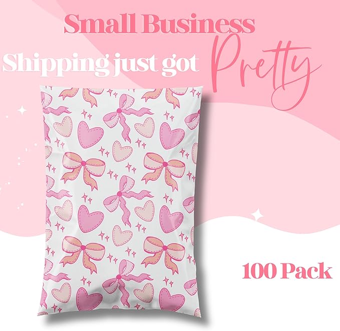 Pretty Package Store 14.5x19 Designer Poly Mailer 100 Pack Heavy Duty Waterproof Self Seal Shipping Bags for Small Business Large Mailing Envelopes Bulk Tear Resistant Packaging Coquette Bows Hearts
