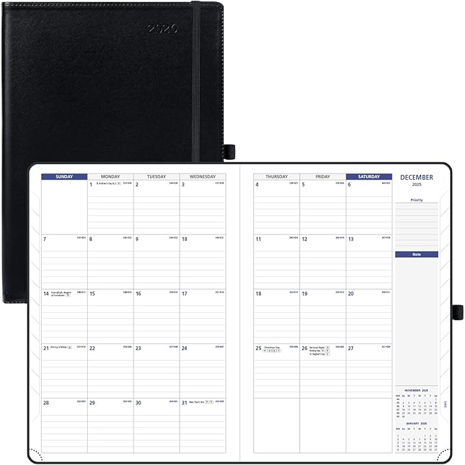 POPRUN Monthly Planner 2026-2027 (Large-8.25'' x 11.75''), 16 Months Calendar (Dec 2025-Mar 2027) Appointment Book with Stair Tabs, Inner Pockets, Pen Holder, PU Leather Softcover - Black