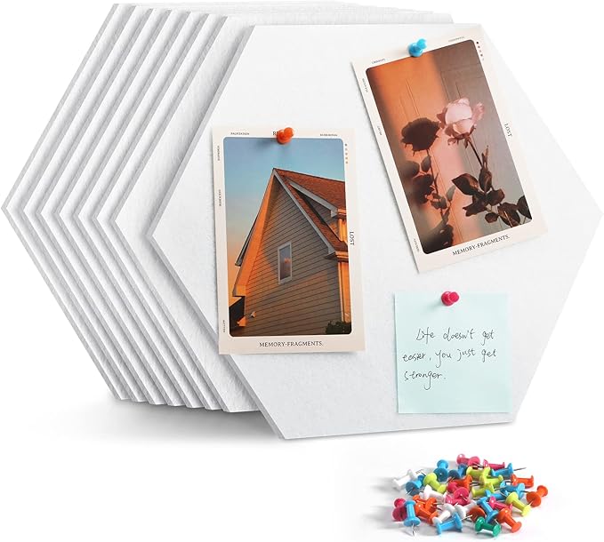 Uoisaiko 12" Large Bulletin Board with 30 Push Pins, Pack of 8 Hexagon Felt Pin Board Notice Boards for Home Office Kitchen, Felt Wall Tiles for Photos Memos