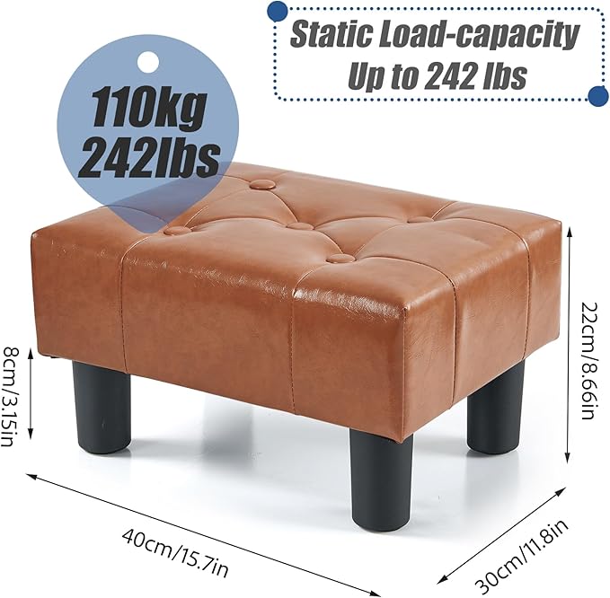 BRIAN & DANY Small Foot Stool, Leather Foot Stools with Legs, Stable Small Footstool for Living Room, Light Brown