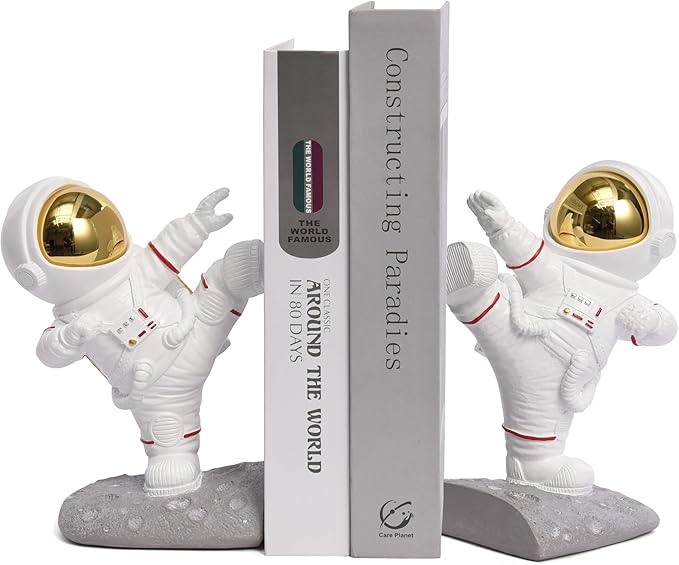 Kakizzy Book Ends for Shelves Decorative, Upgraded Astronaut Bookshelf Stopper Resin Book Shelf End Holders Heavy Duty Bookends for Kids Gifts Cute Spaceman Book Ends for Space Decor(F2-Gold)
