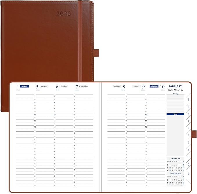 POPRUN 2026 Weekly Planner (Medium 7'' x 8.5''), 30-Minute Hourly Appointment Book (Jan 2026-Dec 2026) with Monthly Tabs, Inner Pockets, Pen Holder, PU Leather Softcover, 100GSM - Brown