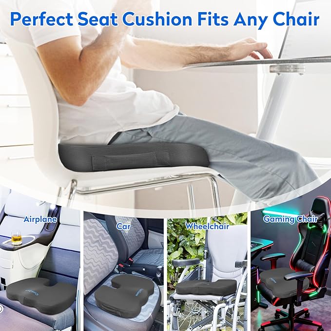 CushZone Seat Cushion, Office Chair Cushions, Car Seat Cushion, Non-Slip Sciatica & Back Coccyx Tailbone Pain Relief Chair Pad, Memory Foam Butt Pillow for Computer Desk, Wheelchair, Driving (Grey)