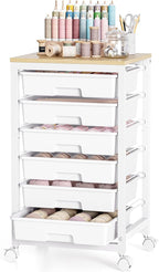 SYKIARIOL Rolling Storage Utility Cart with 6 Drawers and Wooden Tabletop for Under Desk Storage,White