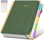 Hardcover Spiral Notebook 8.5"x11" Journal with Removable Dividers Tabs, 300 Pages Leather 5 Subject Notebook College Ruled, Large A4 Notebooks for Work School, Lined Journal for Women, A4 Green