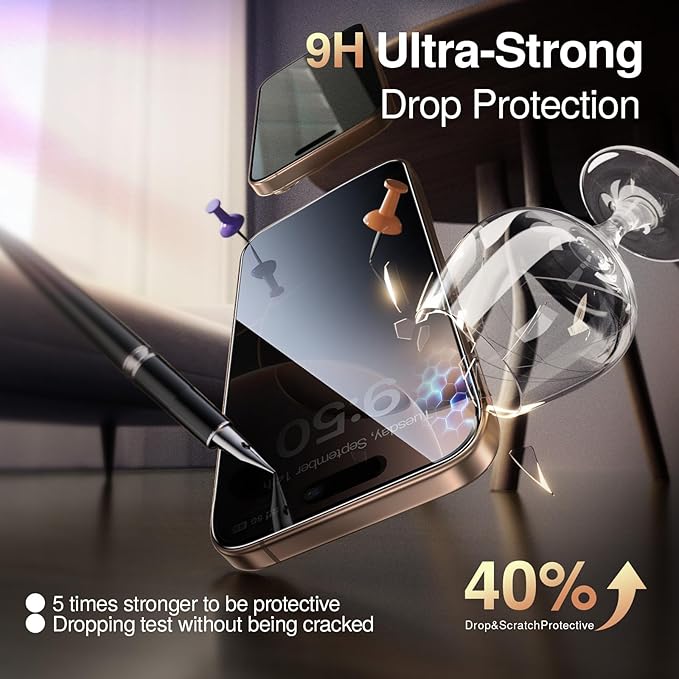 SMARTDEVIL 2 Pack for iPhone 16 Pro Privacy Screen Protector, Military Grade Shatterproof, 9H Hardness, Anti-Spy Tempered Glass, Fast & Easy Instlltion, Case Friendly