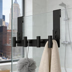 PMMASTO No-Drill Extra Long Shower Hooks, Fits 3/8" Thick Door, Heavy Duty Stainless Steel Towel Hooks for Frameless Glass Shower Door, Holds Bathrobe Towel (Black, 4 T-Hooks)