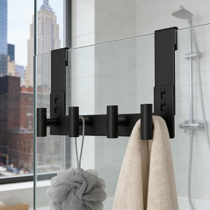 PMMASTO No-Drill Extra Long Shower Hooks, Fits 3/8" Thick Door, Heavy Duty Stainless Steel Towel Hooks for Frameless Glass Shower Door, Holds Bathrobe Towel (Black, 4 T-Hooks)