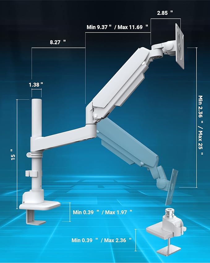 Ergounion Heavy Duty Monitor Arm for 13-49 Inch Ultrawide Screens, Holds Up to 44lbs, Fully Adjustable Single Monitor Mount, with Clamp & Grommet Base, 75/100mm VESA Desk Mount, White