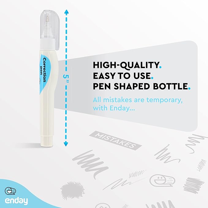 Emraw Enday Correction Pen (4 Pack) - Correction Liquid 0.2 Fl Oz (7 Ml) Metal Tip White Correction Fluid.