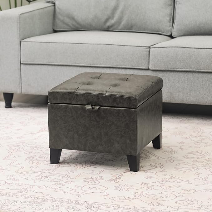 Adeco Small Faux Leather Storage Ottoman Bench with Wood Legs, 15.2" Square Mixed Grey PU Cube Foot Stool, Upholstered Button Tufted Vanity Chair with Hinged Lid for Living Room, Bedroom, Dorm