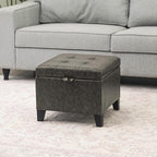 Adeco Small Faux Leather Storage Ottoman Bench with Wood Legs, 15.2" Square Mixed Grey PU Cube Foot Stool, Upholstered Button Tufted Vanity Chair with Hinged Lid for Living Room, Bedroom, Dorm