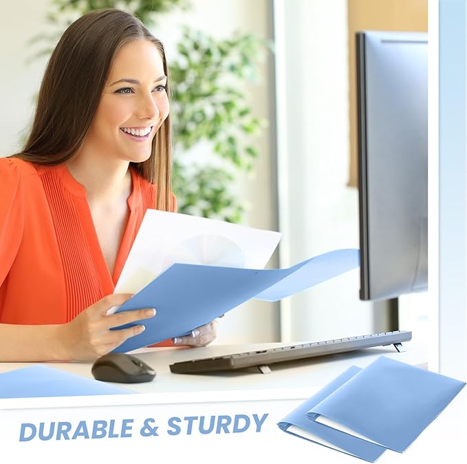 Lincia 100 Pcs Plastic Folders with Pockets and Prong Folders with Prongs 2 Pockets for Office, School for Students, Teachers, Office Workers(Haze Blue)