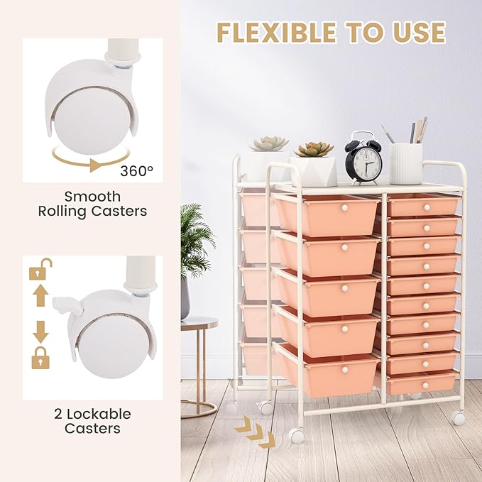 LDAILY 15 Drawer Rolling Storage Cart, Rolling Cart with Drawers for Classroom, Art Supply Craft Organizer on Wheel with Metal Frame & Handles for Home Office School