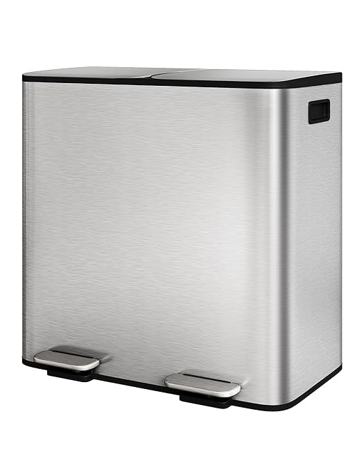 Garvee Trash Can, 2 x 10.6 gal (2 x 40 L) Garbage Can for Kitchen Dual Compartment Recycling Kitchen Step Trash Bin, Stainless Steel Trash and Recycle Bin Combo with Soft-Close Lid,Silver