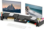 Spacrea Metal Desk Organizers and Accessories, Dual Monitor Stand Riser with Drawer and 2 Pen Holders, Desk Accessories & Workspace Desktop Organizers for Office Supplies (Black)