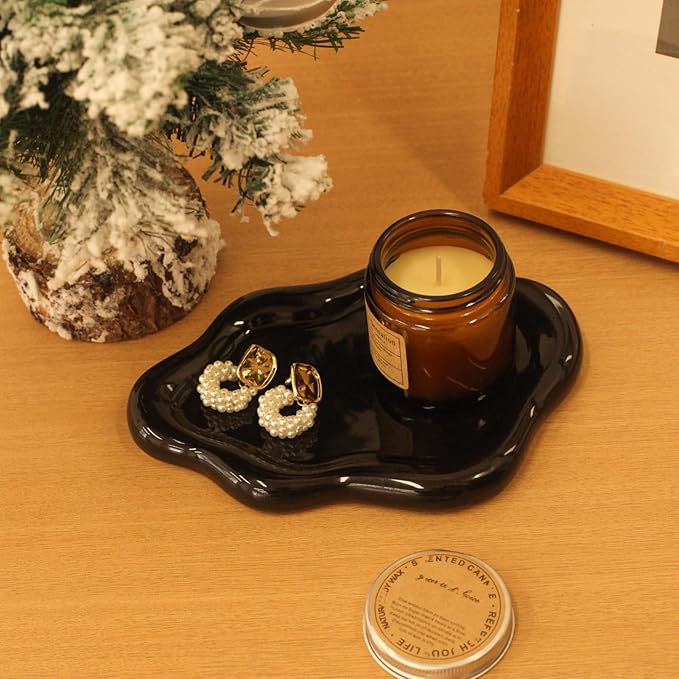 CCINPPY Ceramic Jewelry Tray Trinket Dish, Decorative Cloud Vanity Key Tray for Women, Ring Holder Dish, Cute Jewelry Plate Bowl Room Decor Aesthetic, Black, Large