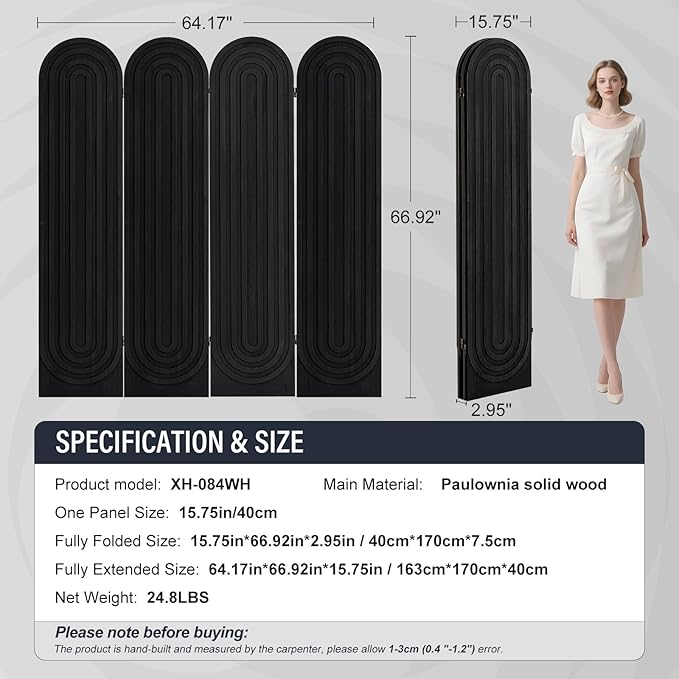 Asnefeli Room Divider and Folding Privacy Screen, 4 Panel Wood Arched Room Divider Wall, Portable Freestanding Partition Screen, Partition Divider for Room Separation for Home Office Bedroom, Black