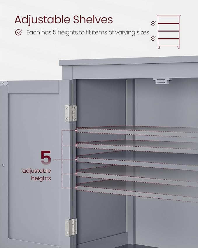 VASAGLE Floor Storage Cabinet, Freestanding Storage Unit with 4 Doors, Adjustable Shelves, 11.8 x 23.6 x 43.3 Inches, for Entryway, Bathroom, Dove Gray UBBC552P36