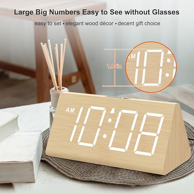 DreamSky Wooden Digital Alarm Clocks for Bedrooms - Electric Desk Clock with Large Numbers, USB Port, Loud Alarm for Heavy Sleepers, Adjustable Volume, Dimmer, Snooze, DST, Wood Décor, Adapter Powered