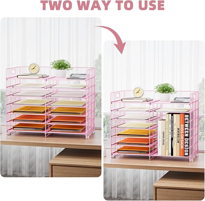 Marbrasse Desktop Literature Organizer, 12 Compartments Mesh Paper Organizer Desk Organizers, Adjustable File Sorter Mail Center Paper Storage Cabinet Classroom Mailbox for Office Home School, Pink