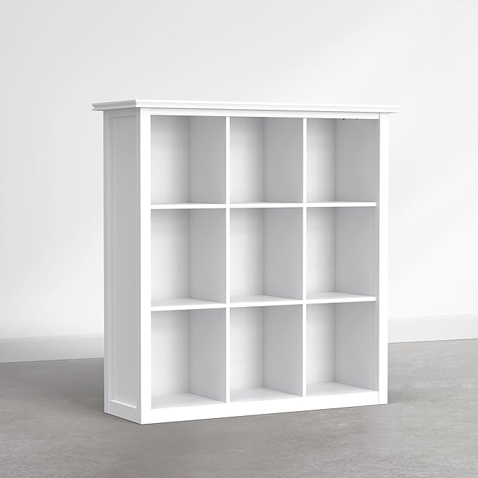 SIMPLIHOME Artisan Bookcase - 43 inch Tall 9-Cube Solid Wood Cube Organizer in Chantilly White, Transitional Storage Bookcase for Living Room, Study Room or Office with Fixed Shelves and Tapered Legs