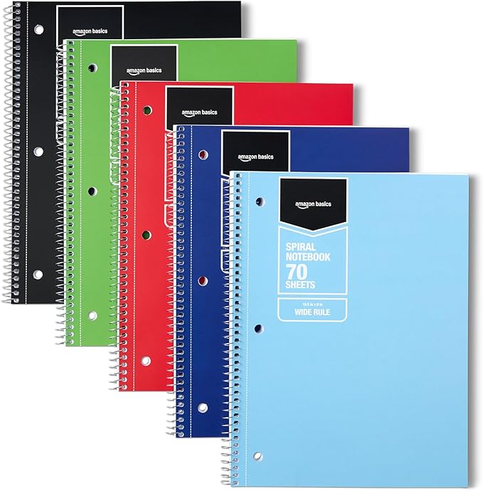 Amazon Basics Wide Ruled Spiral Notebook, 70 Sheets, 8" x 10-1/2", Assorted Solid Colors, 5 pack