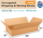 Large Shipping & Moving Boxes 20"L x 12"W x 3"H (25-Pack) - Extra Strength 200 lb vs Regular - Corrugated Packing Boxes for Moving - Heavy-Duty Shipping Box Large by IDL Packaging