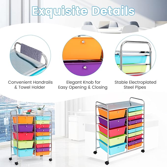 COSTWAY 15 Drawer Rolling Storage Cart, Multipurpose Mobile Storage Organizer w/Removable Drawers & Metal Frame, Utility Tools Paper Organizer on Wheels for Home, Office (Multi-color)