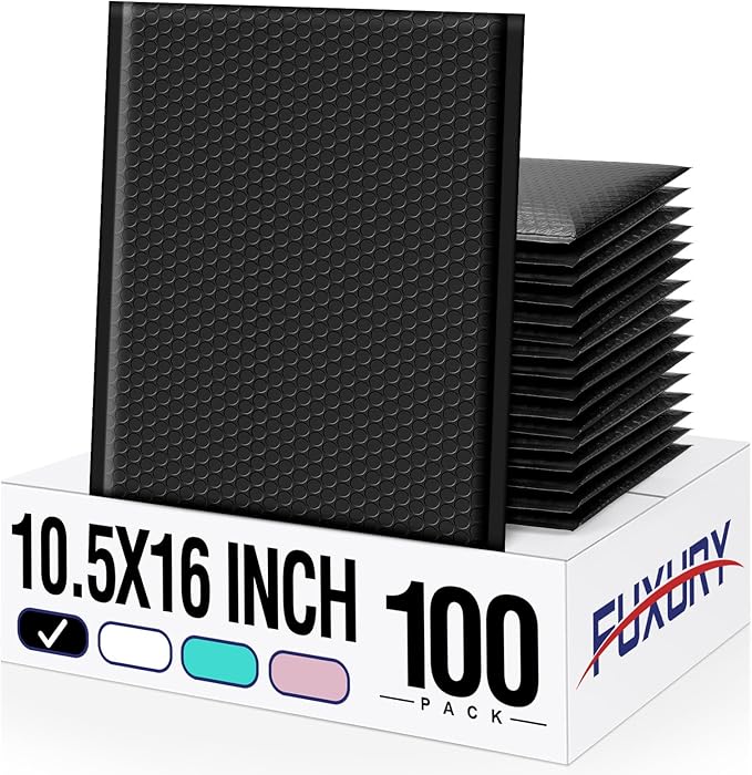 Fuxury 100 Pack Bubble Mailers 10.5x16 Inch, Self Seal Padded Envelopes Waterproof Mailing Envelopes, Padded Mailers, Shipping Bags for Packaging, Small Business Large #5, Black