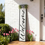 Double-sided Welcome to Our Home Wooden Sign Stand with Magnetic-adhesive Wreath for Front Door, 47" Vertical Farmhouse Welcome Porch Sign, 2in1 Large Tall Porch Leaner Decor for Outdoor Patio Garden