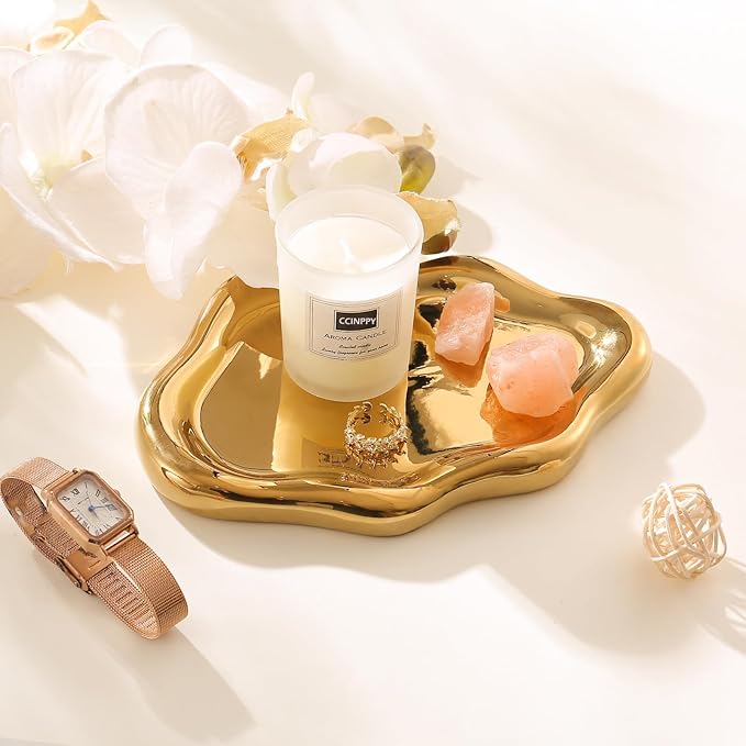 CCINPPY Ceramic Jewelry Tray Trinket Dish, Decorative Cloud Vanity Key Tray for Women, Ring Holder Dish, Cute Jewelry Plate Bowl Room Decor Aesthetic, Gold, Medium