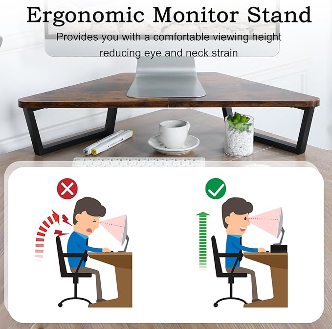 TEAMIX 26 inch Triangle Monitor Stand Riser, Desktop Corner Shelf with Metal Leg Wood Computer Stand with Storage Laptop Riser Office Organization