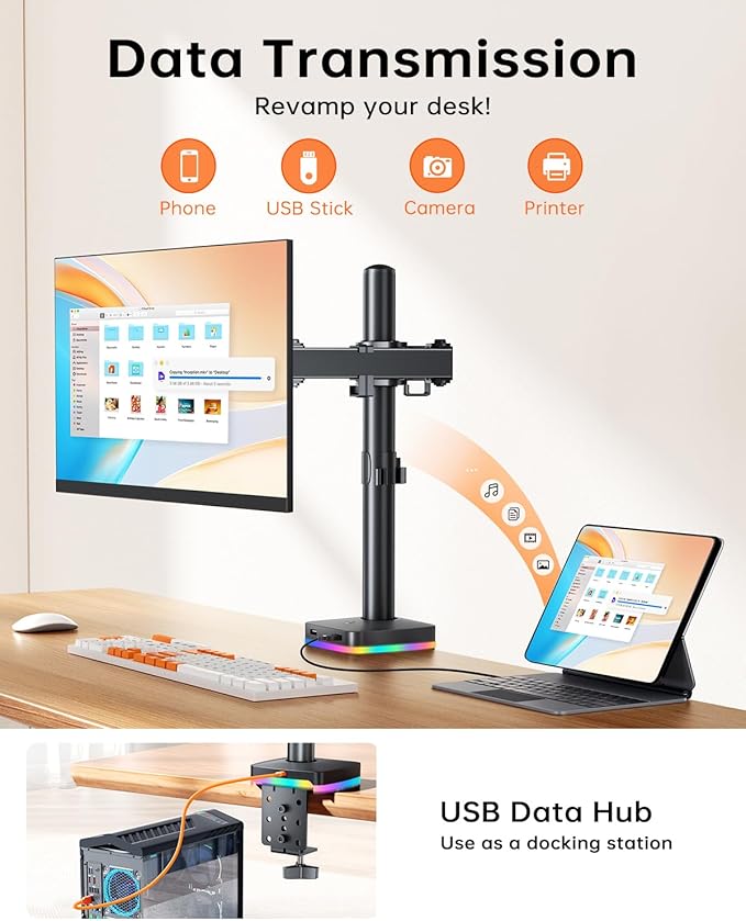 RGB Monitor and Laptop Mount Stand with 3 USB Ports, Charging and USB Data Transfer, Adjustable laptop stand for 13" to 32" Screen and 11"-17” Laptop, Holds 18lbs/Arm, 75x75/100x100 VESA, C-Clamp