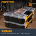 POWERTEC Small Parts Organizer & Tool Box – 10 Compartments, Stackable Storage with Removable Dividers, Clear Lid, Portable Design (72117)