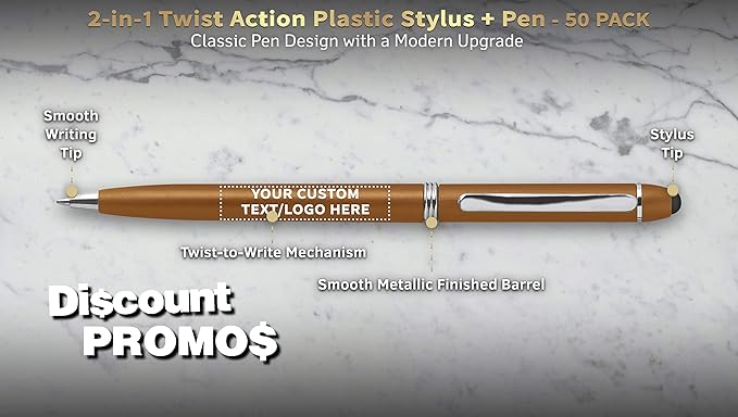 DISCOUNT PROMOS Custom Twist Action Plastic Stylus Pens, Set of 50, Personalized Bulk Pack - Pens for Work, Cool Pens for Writing, Black Ink - Gold