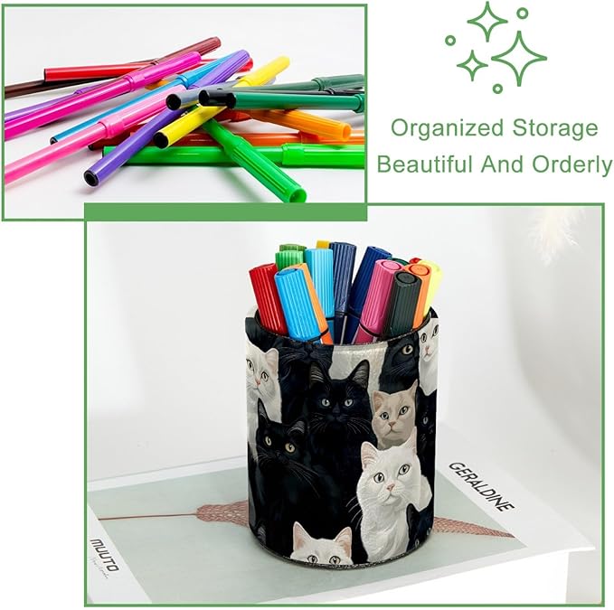 Leather Pen Holder for Desk, Black and White Cats Pencil Cup Desktop Organizer Makeup Brush Holders Office Supplies for Home, Kids & School