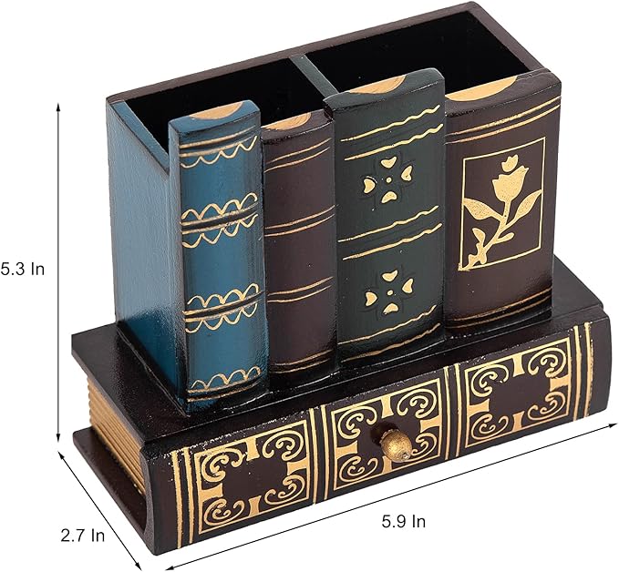 VERGOODR Decorative Pencil and Pen Holder with Storage Drawer, Wooden Desk Organizer Caddy, Antique Library Books Design Pen Cup for Office Supplies, Countertop, Desk,Table (Red)