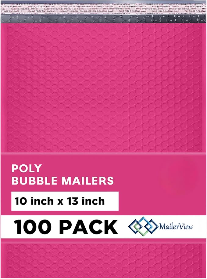 Hot Pink 10x13 Inch Poly Bubble Mailers |Self Seal Padded Envelopes for Thick books | Air Cushioned Bubble Mailer | Usable Size 9.5x13 | Waterproof Lightweight Mailing Shipping Bags | 100 Pack Bulk