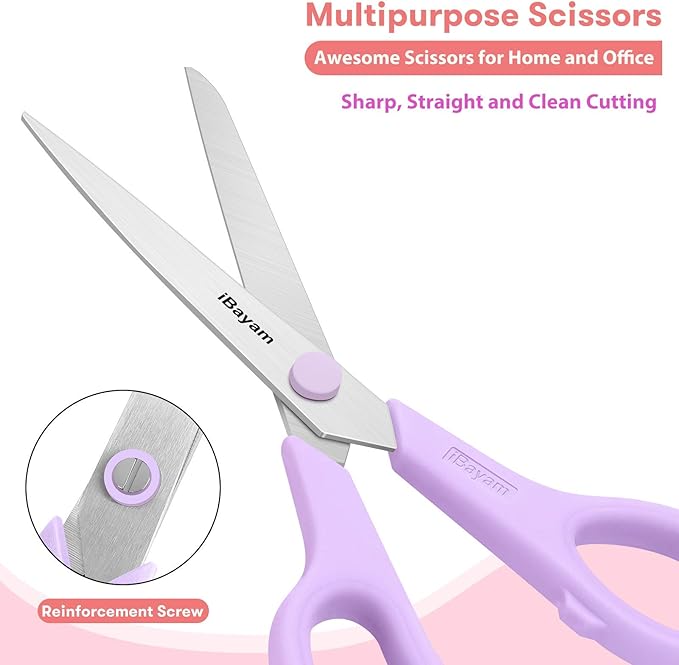 Scissors, iBayam 8" All Purpose Scissors Bulk 3-Pack, Ultra Sharp 2.5mm Thick Blade Shears Comfort-Grip for Aesthetic Fun Cute School Office Teacher Desk Crafts and Art Supplies Accessories Essential