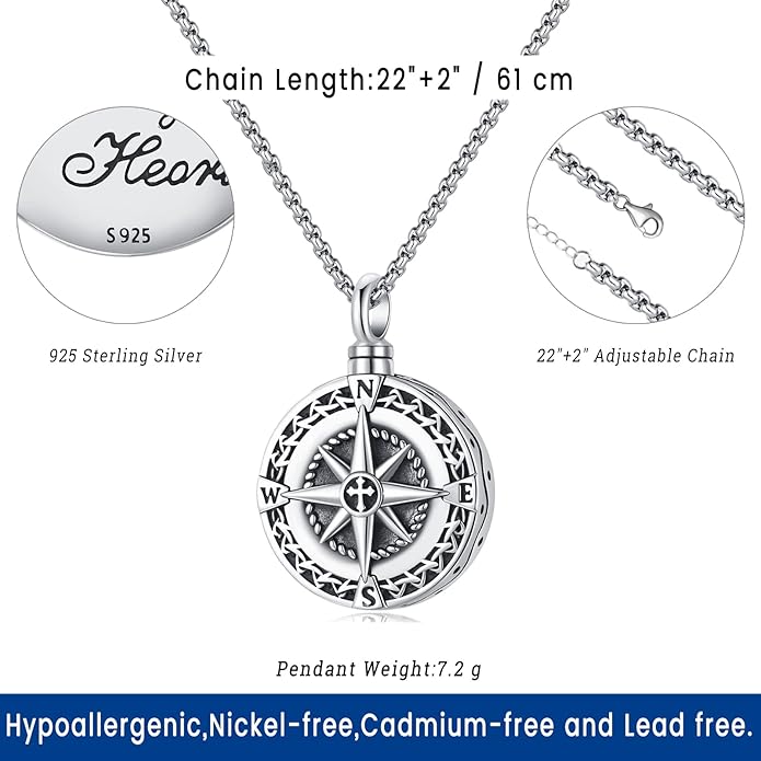 Compass Necklace for Women Men 925 Sterling Silver Pendant Urn Necklaces for Ashes Picture Locket Necklace Anchor Necklace Viking Necklace Crystals CZ Moonstone Abalone Shell Turquoise Compass Jewelry